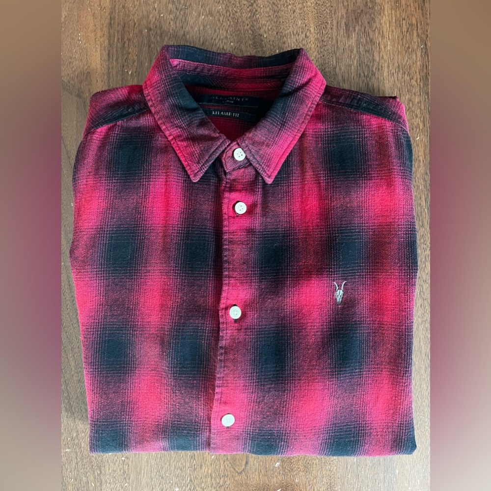 ALL SAINTS MENS Hoboken Long Sleeve Red/Black Plaid button up size LARGE relaxed